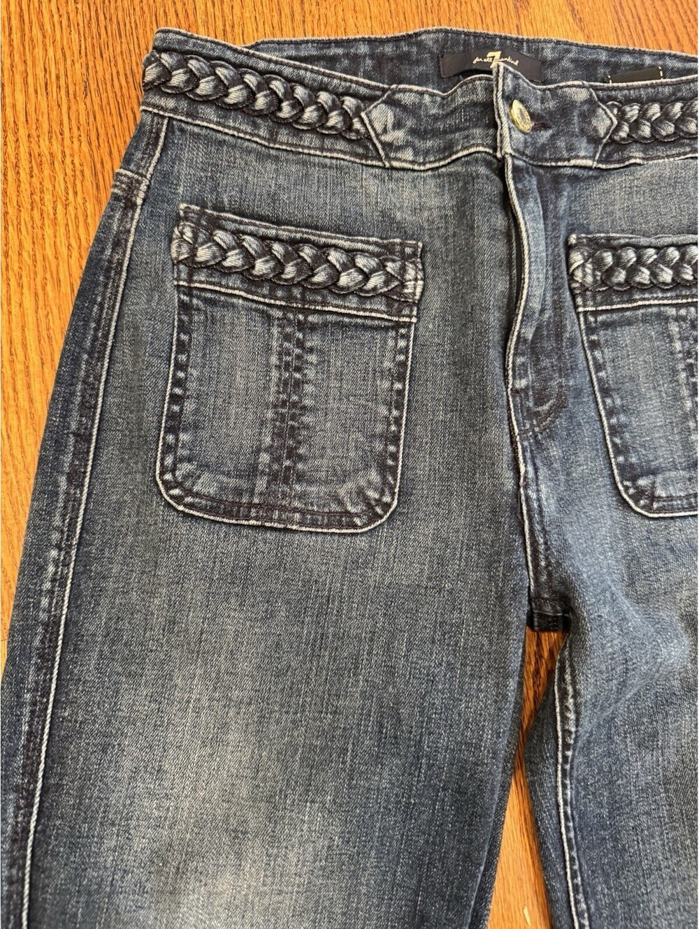 7 For All Mankind Women's Braided High Rise Flare Blue Denim Stretch Jeans Sz 28 - Picture 2 of 8